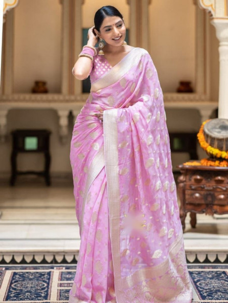 Image of Baby Pink Banarasi Silk Rich Zari Weaved Boota Saree