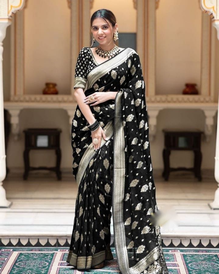 Black Banarasi Silk Rich Zari Weaved Boota Saree