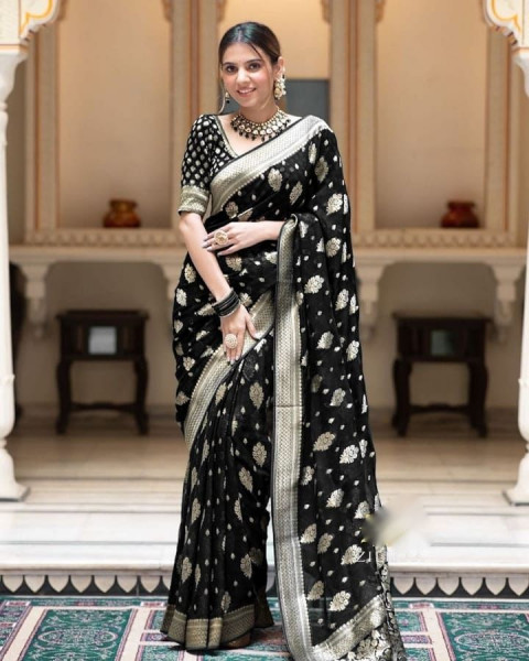 Image of Black Banarasi Silk Rich Zari Weaved Boota Saree
