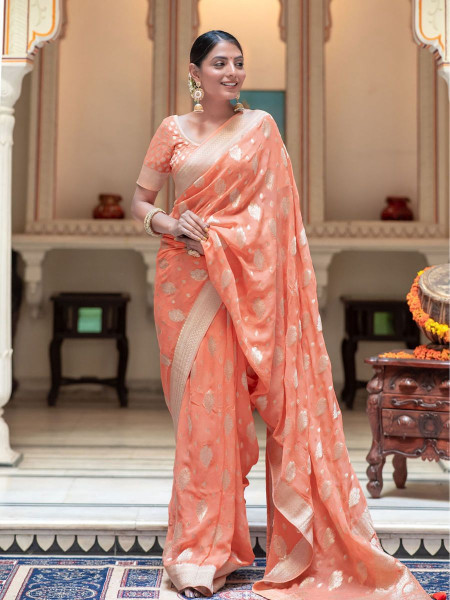 Image of Peach Banarasi Silk Rich Zari Weaved Boota Saree