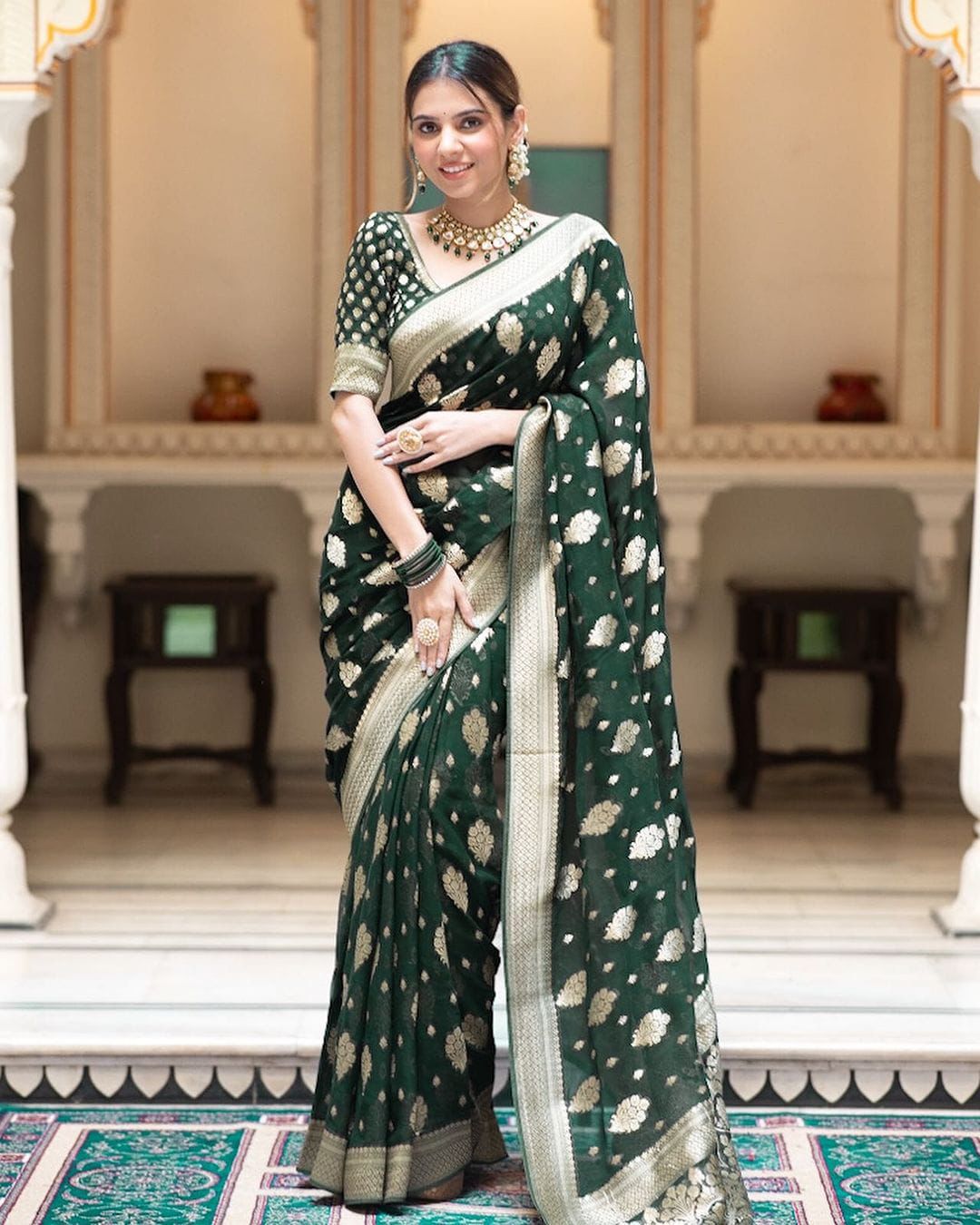 Bottle Green Banarasi Silk Rich Zari Weaved Boota Saree