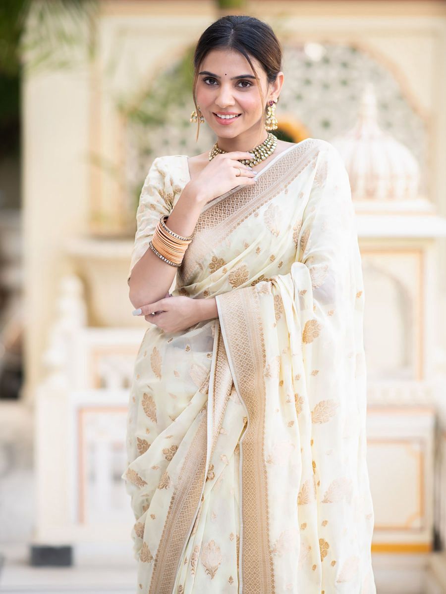 Off-White Banarasi Silk Rich Zari Weaved Boota Saree