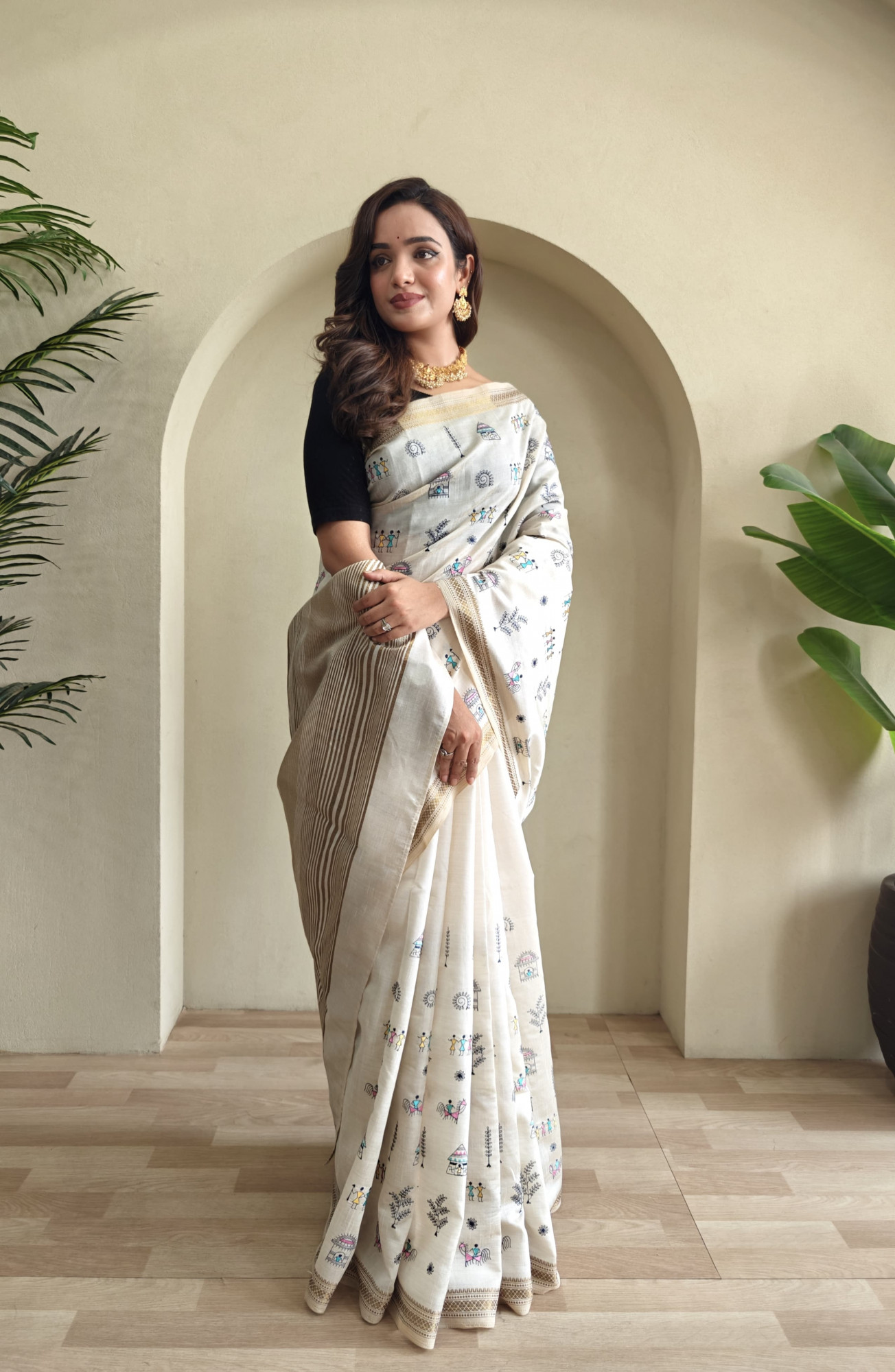 Off-White Premium Pure Loom Tussar Worli Embroidery Saree