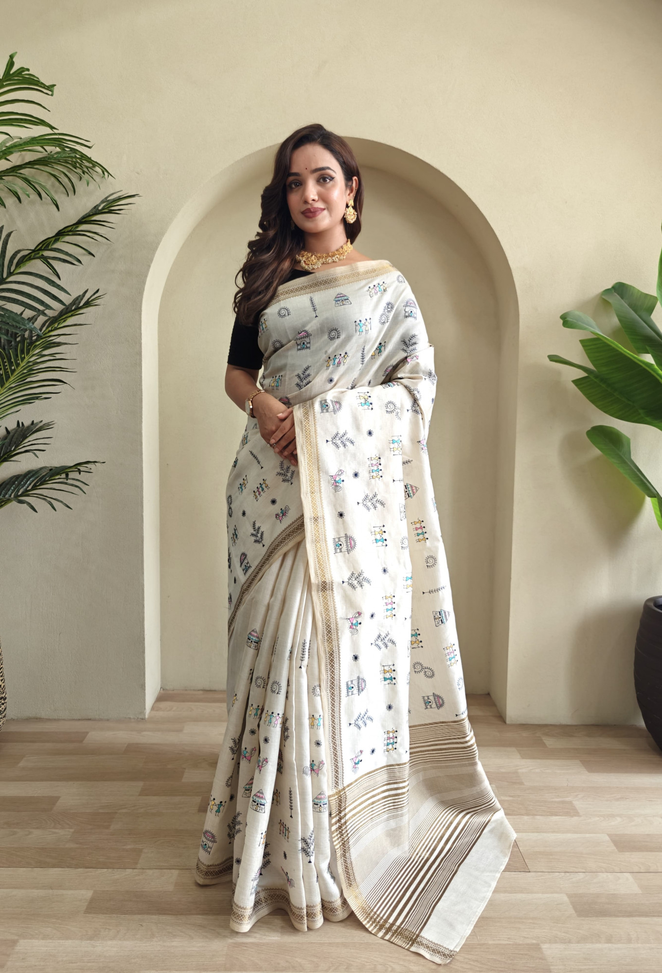 Off-White Premium Pure Loom Tussar Worli Embroidery Saree