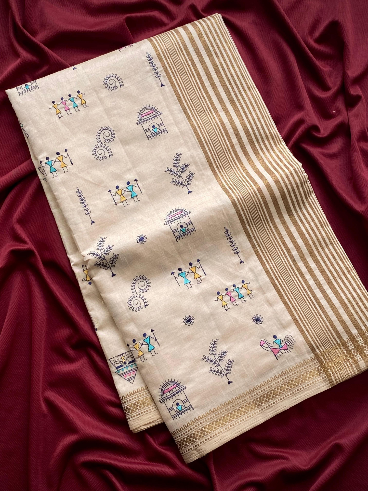Off-White Premium Pure Loom Tussar Worli Embroidery Saree