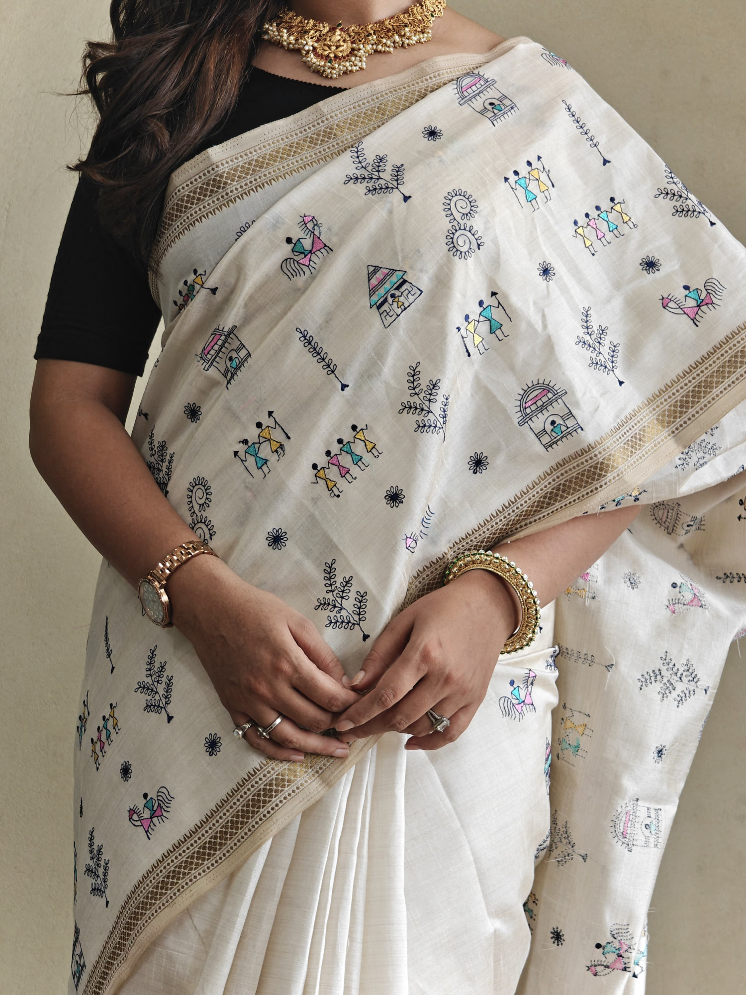 Off-White Premium Pure Loom Tussar Worli Embroidery Saree