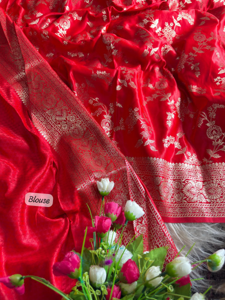 Image of Red Pure Banarasi Silk Silver Zari Rich Weaved Saree
