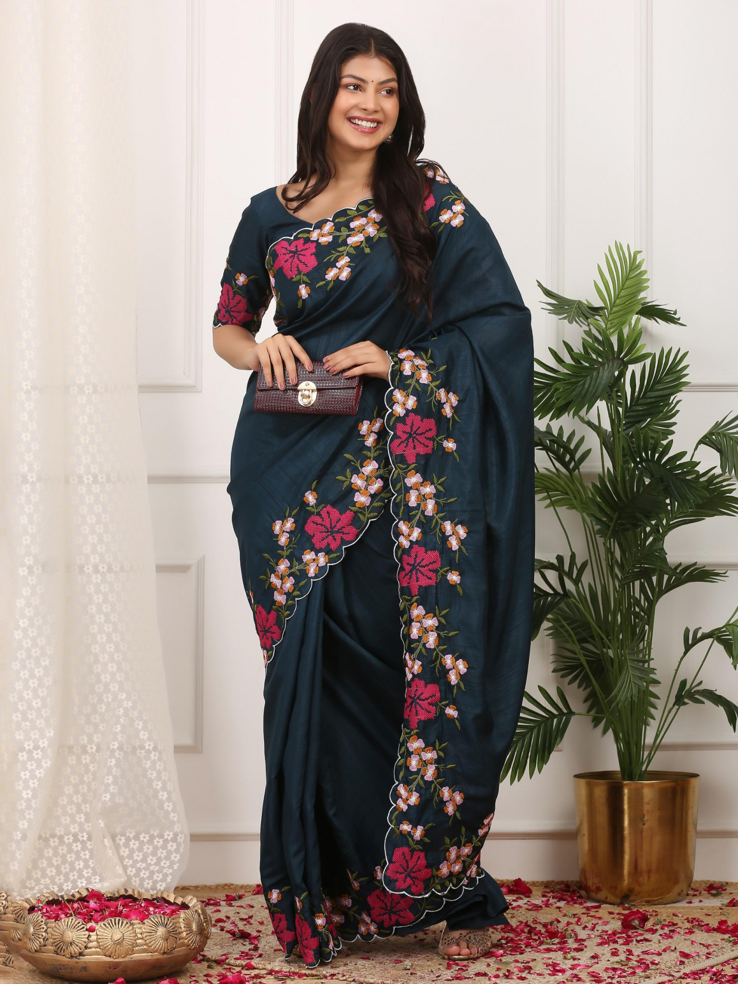 Dark Jade Green Manipuri Silk Embroidered Cutwork Saree