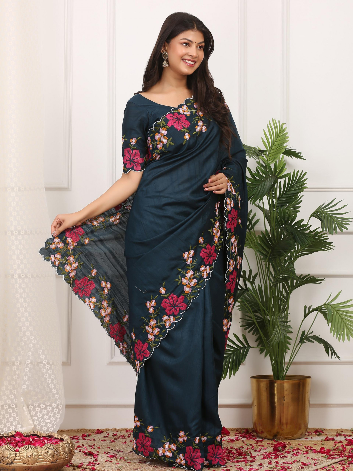 Dark Jade Green Manipuri Silk Embroidered Cutwork Saree