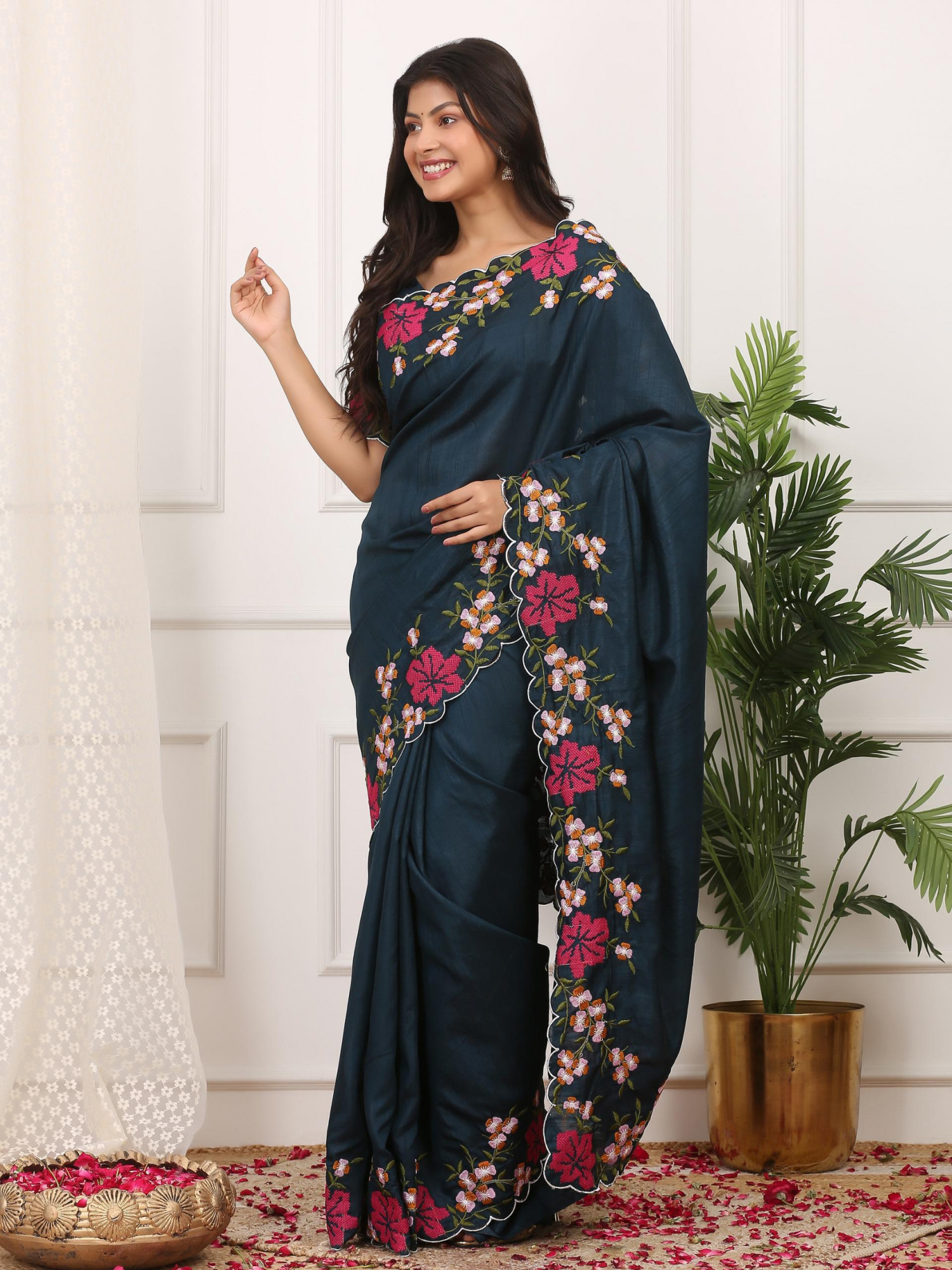 Dark Jade Green Manipuri Silk Embroidered Cutwork Saree
