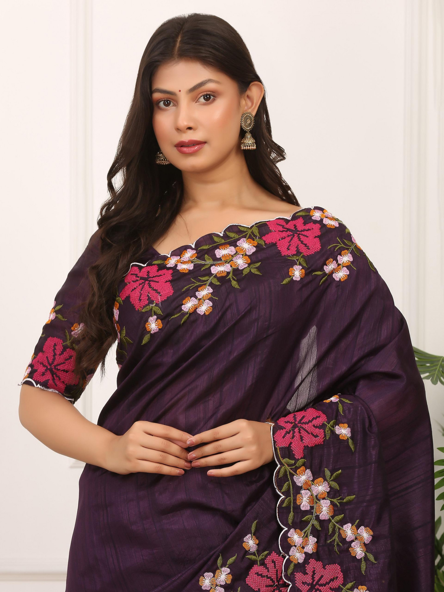 Wine Manipuri Silk Embroidered Cutwork Saree