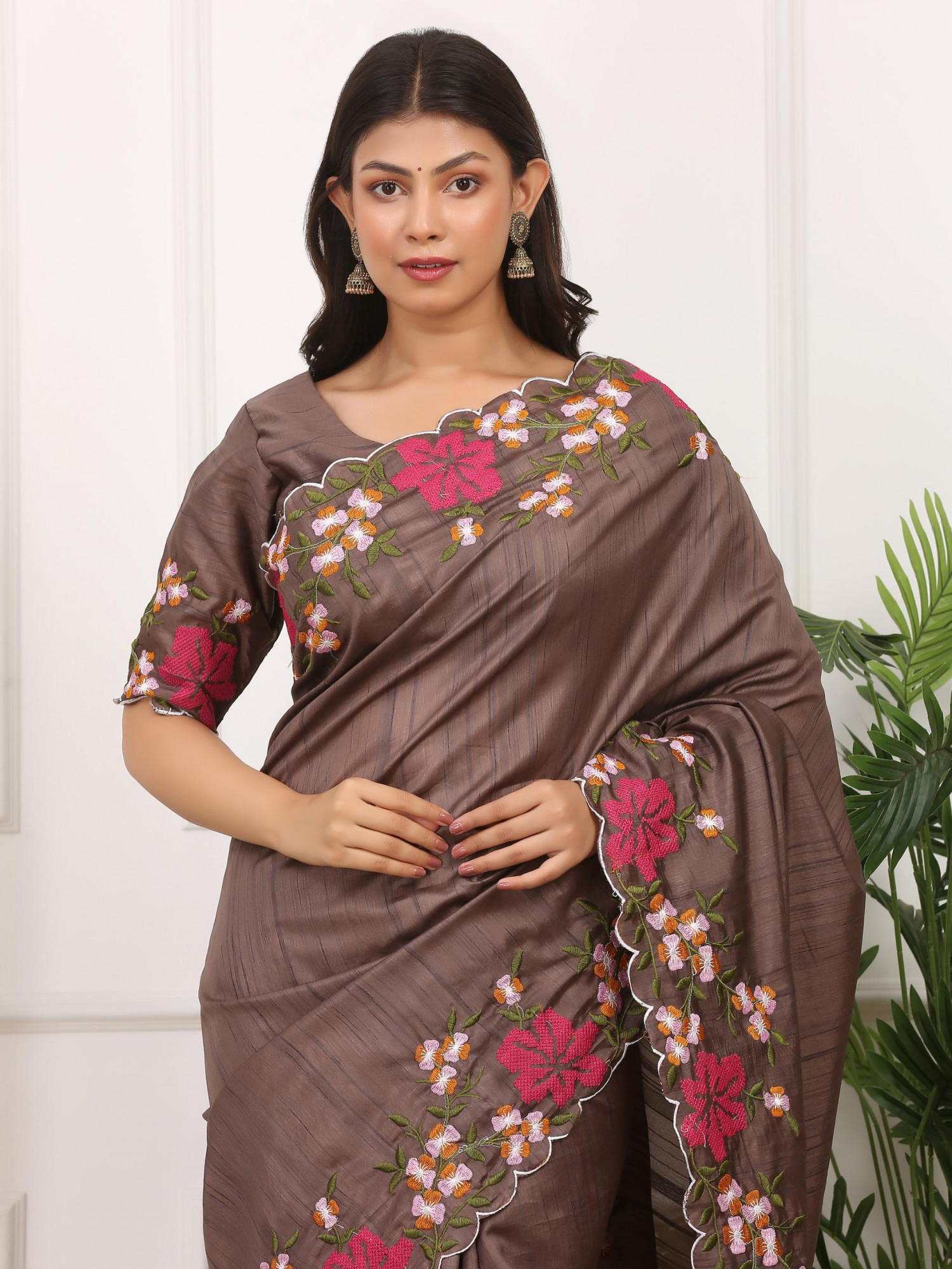 Brown Manipuri Silk Embroidered Cutwork Saree