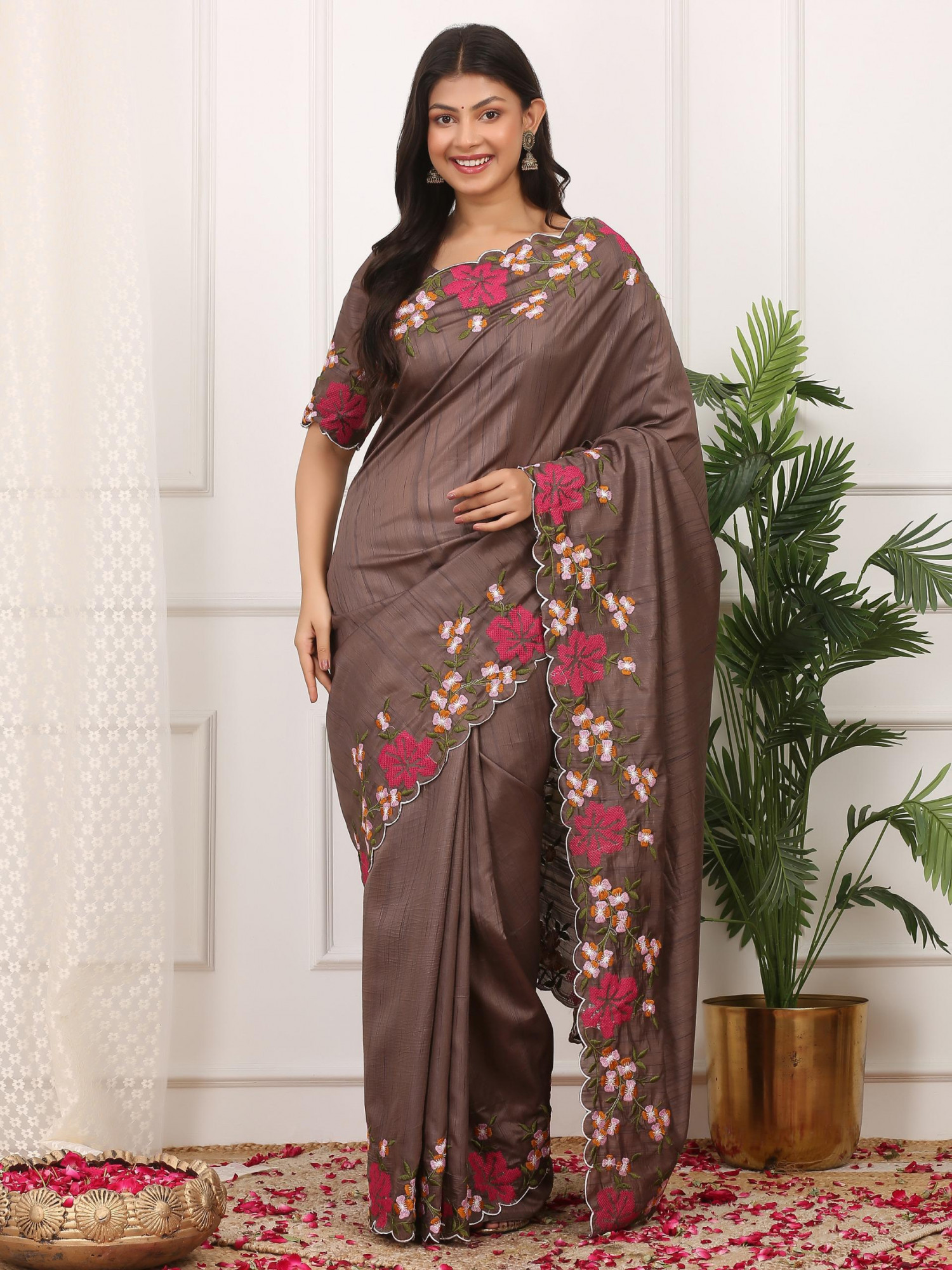 Brown Manipuri Silk Embroidered Cutwork Saree