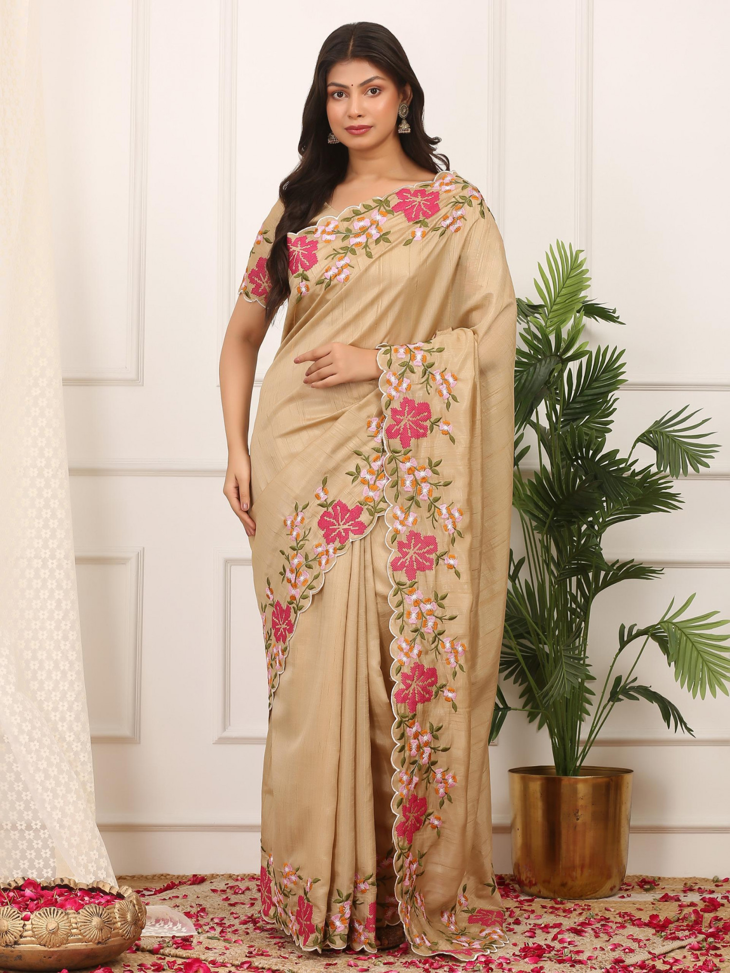 Beige Manipuri Silk Embroidered Cutwork Saree