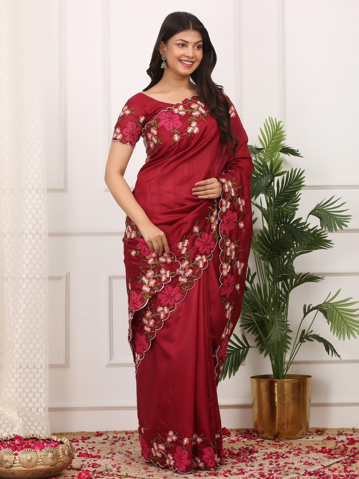 Dark Maroon Manipuri Silk Embroidered Cutwork Saree