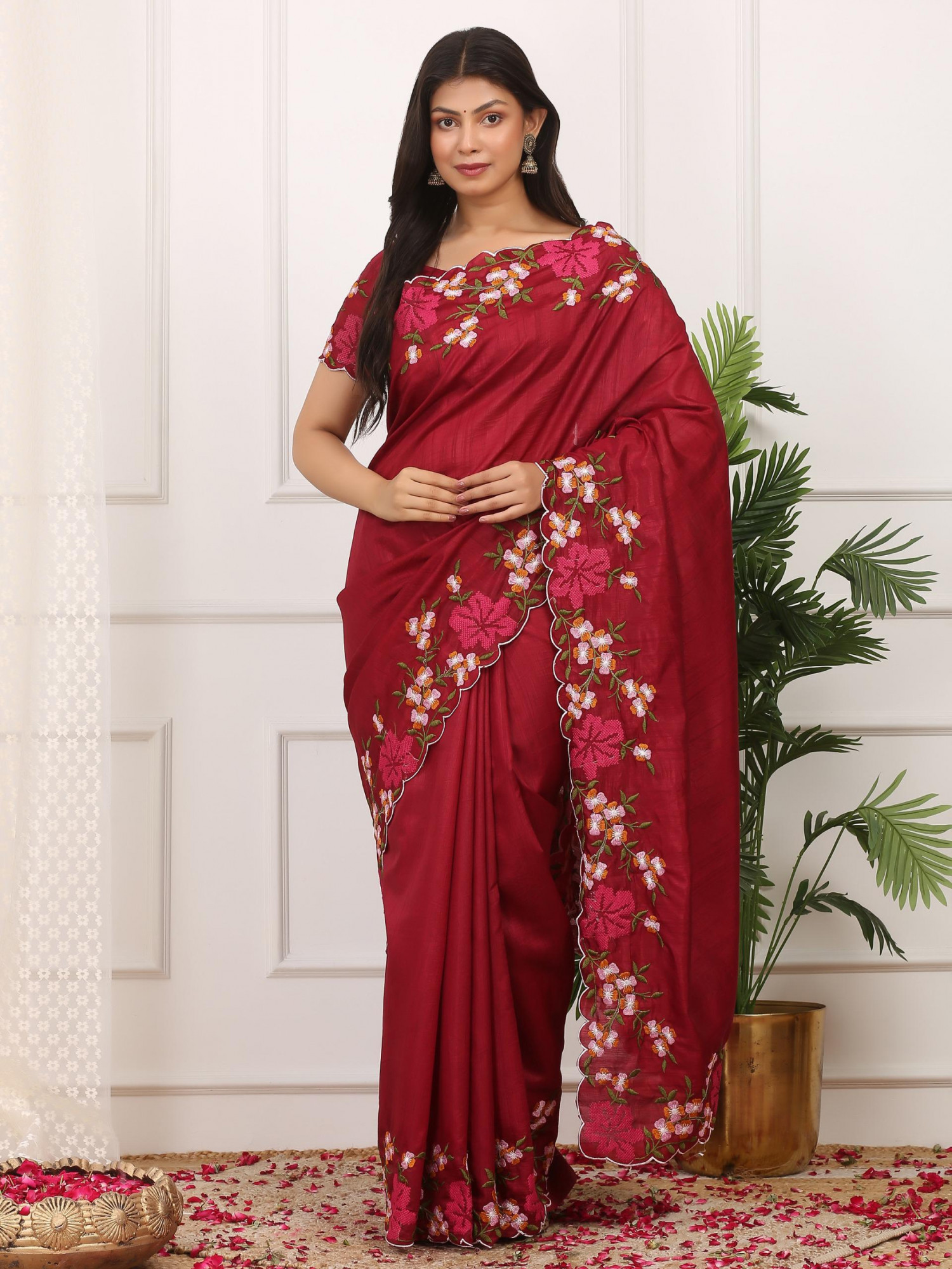 Dark Maroon Manipuri Silk Embroidered Cutwork Saree
