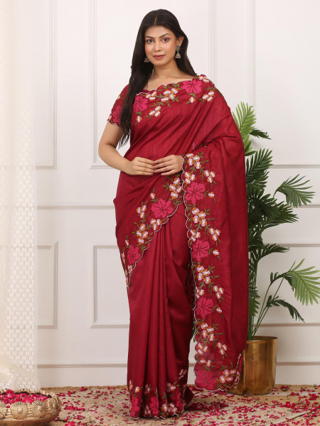 Image of Dark Maroon Manipuri Silk Embroidered Cutwork Saree