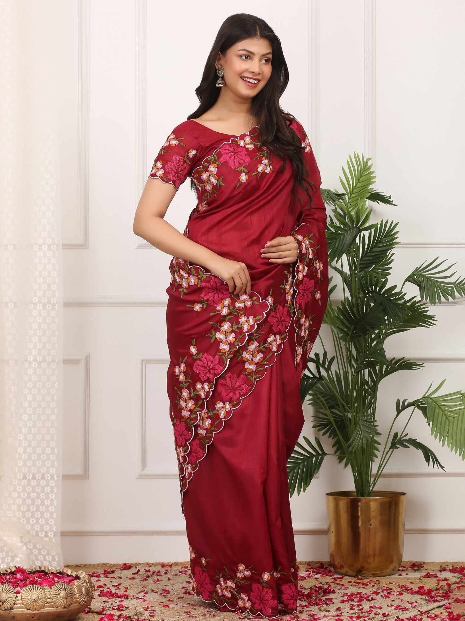 Dark Maroon Manipuri Silk Embroidered Cutwork Saree