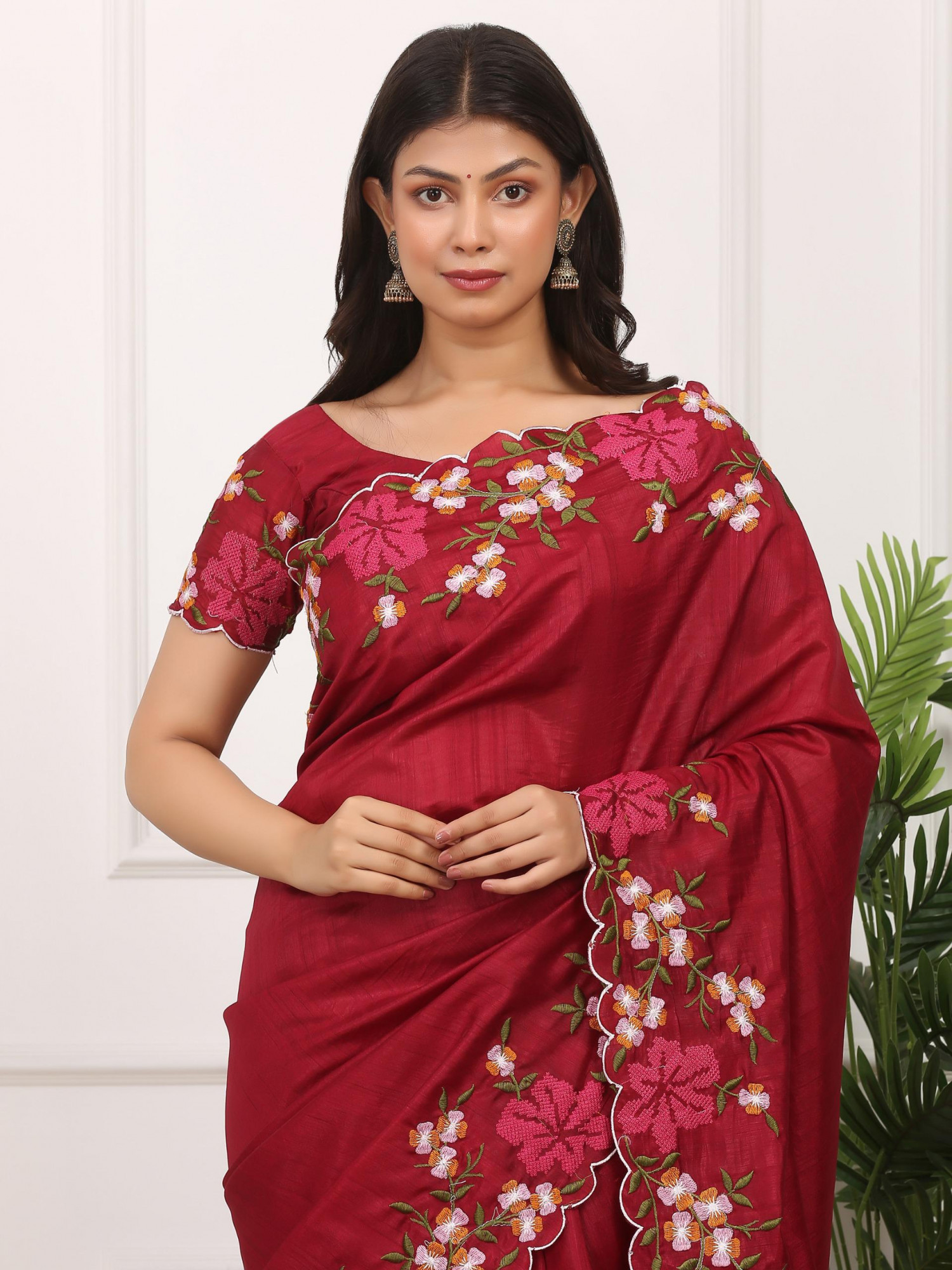 Dark Maroon Manipuri Silk Embroidered Cutwork Saree