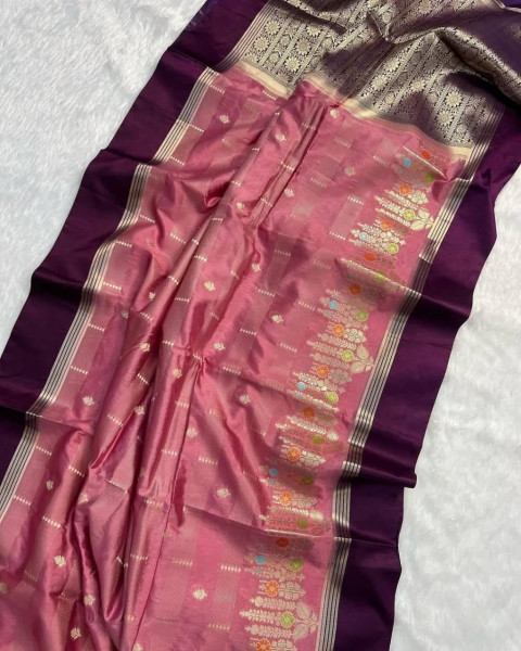 Image of Onion Premium Semi Katan Silk Zari Meenakari Weaved Saree