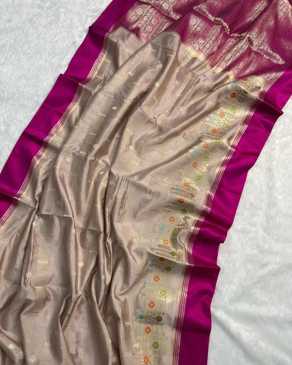 Beige Premium Semi Katan Silk Zari Meenakari Weaved Saree