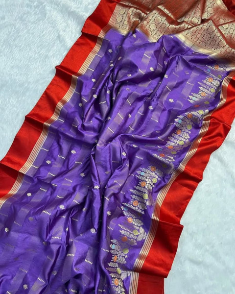 Image of Lavender Premium Semi Katan Silk Zari Meenakari Weaved Saree