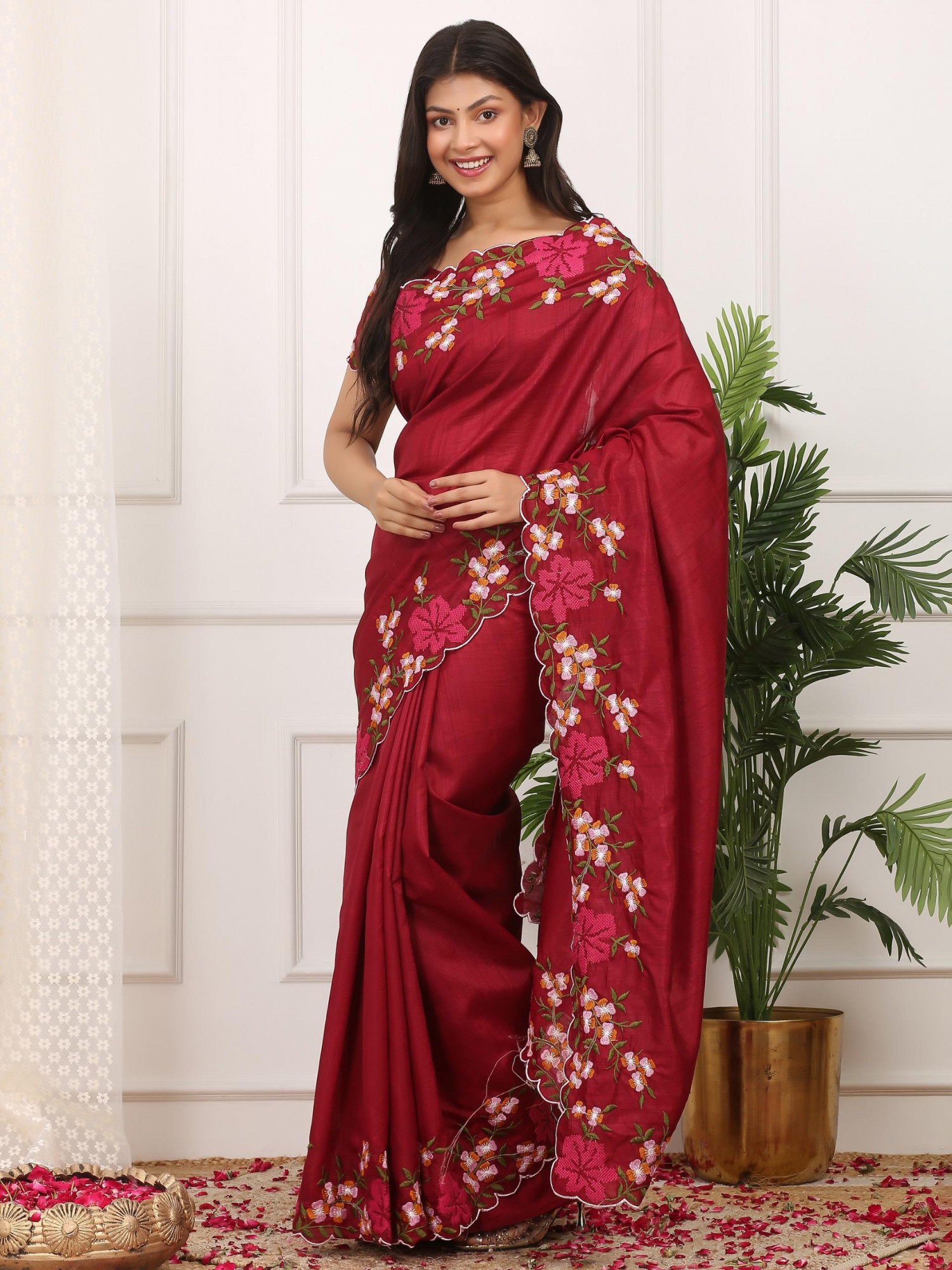 Dark Maroon Manipuri Silk Embroidered Cutwork Saree