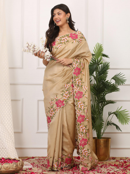 Image of Beige Manipuri Silk Embroidered Cutwork Saree