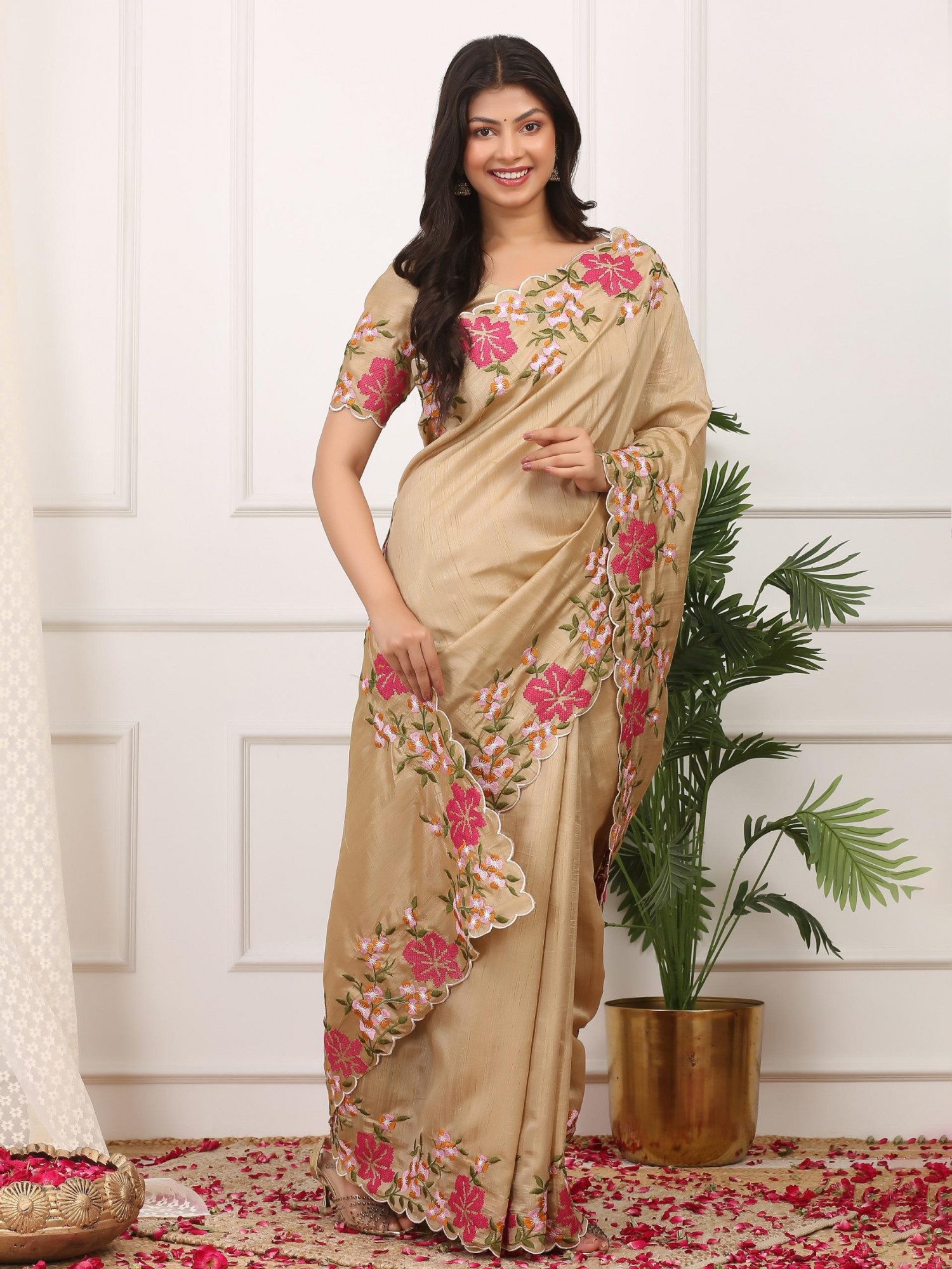Beige Manipuri Silk Embroidered Cutwork Saree
