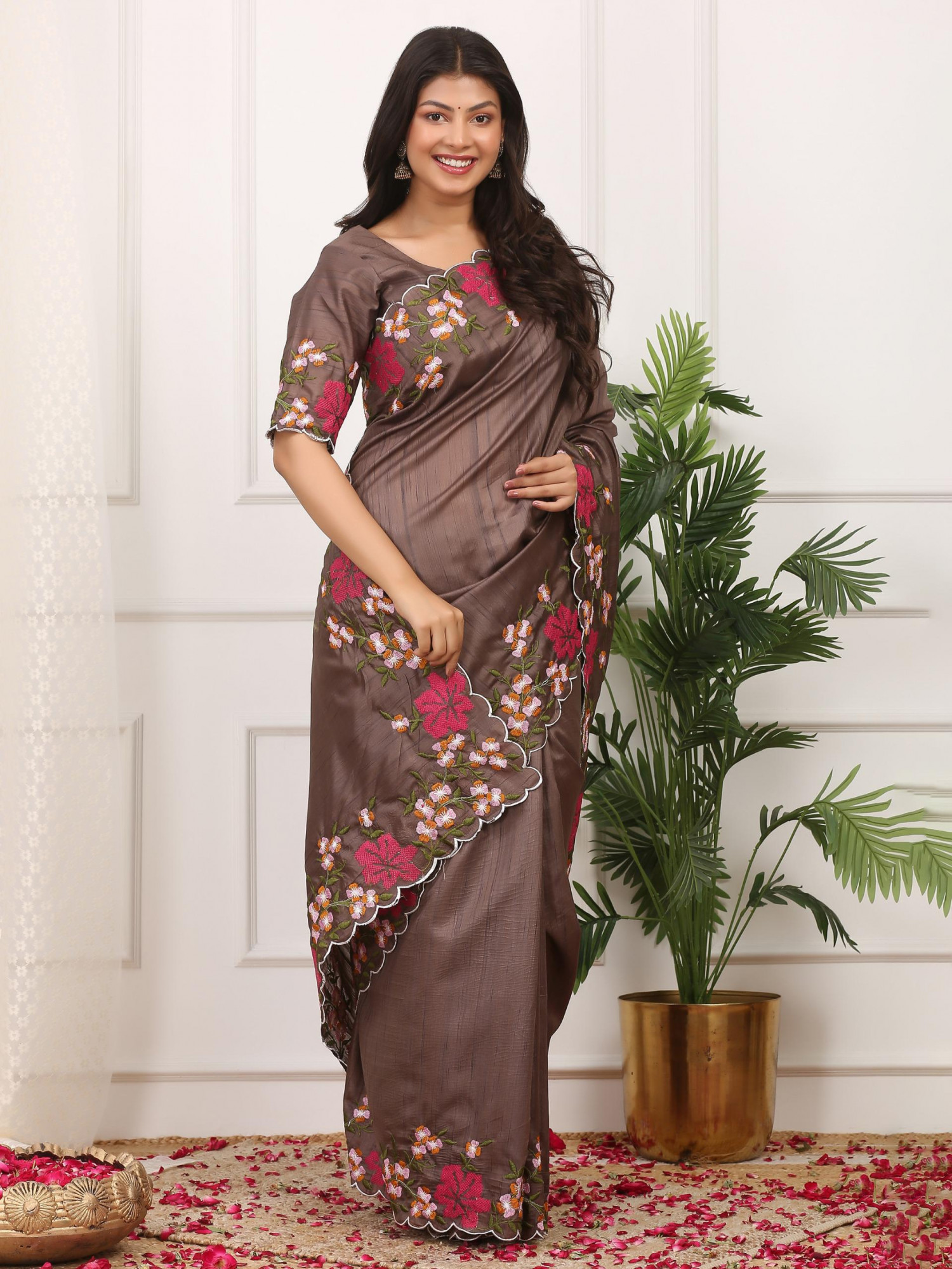 Brown Manipuri Silk Embroidered Cutwork Saree