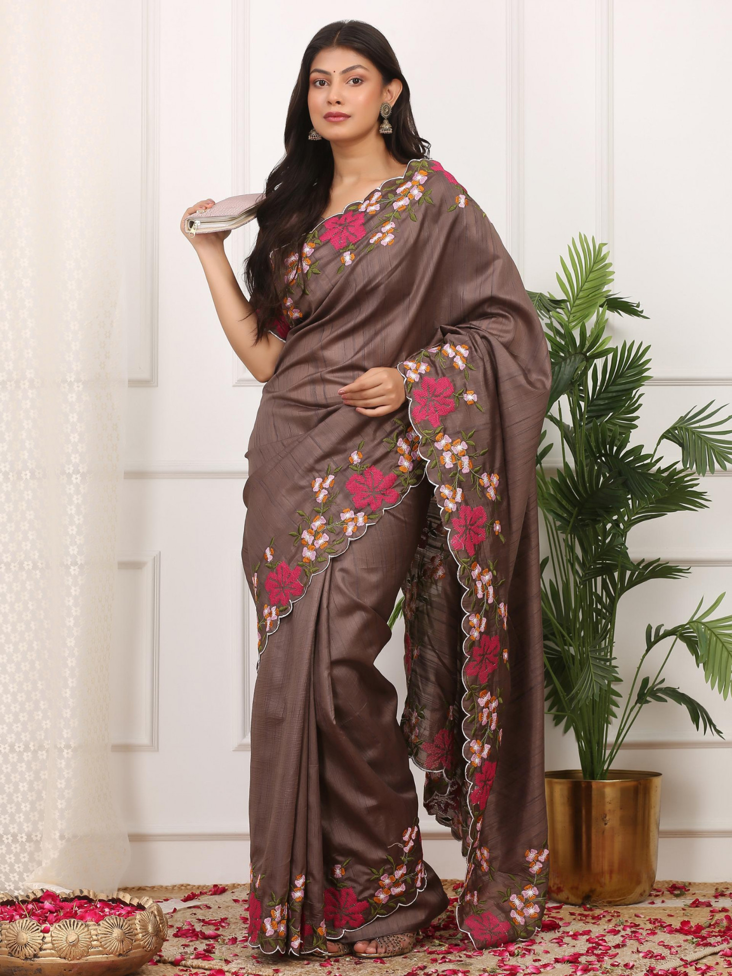 Brown Manipuri Silk Embroidered Cutwork Saree