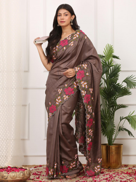 Image of Brown Manipuri Silk Embroidered Cutwork Saree