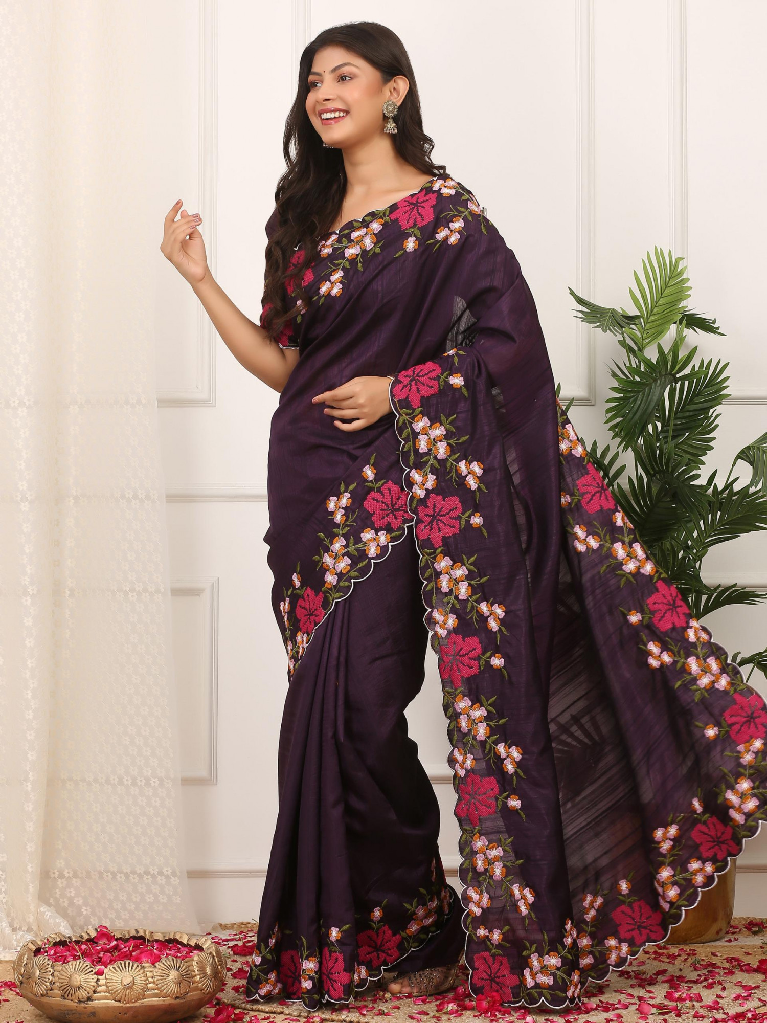 Wine Manipuri Silk Embroidered Cutwork Saree