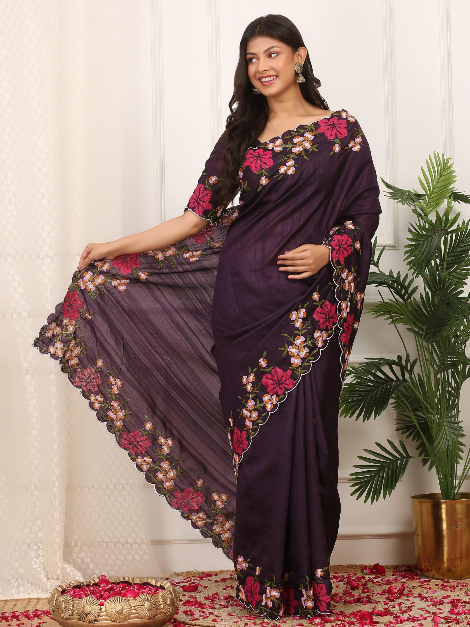 Wine Manipuri Silk Embroidered Cutwork Saree