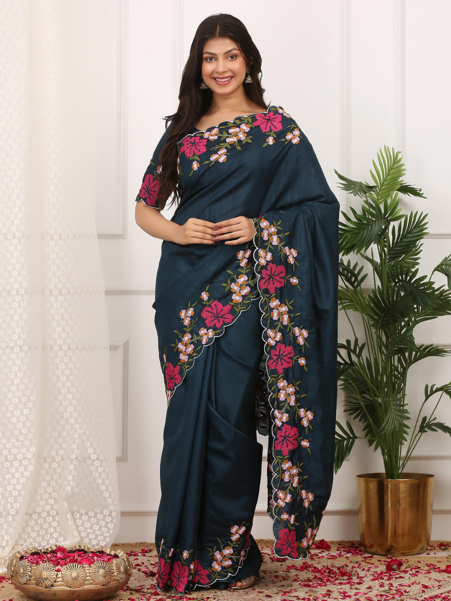 Dark Jade Green Manipuri Silk Embroidered Cutwork Saree