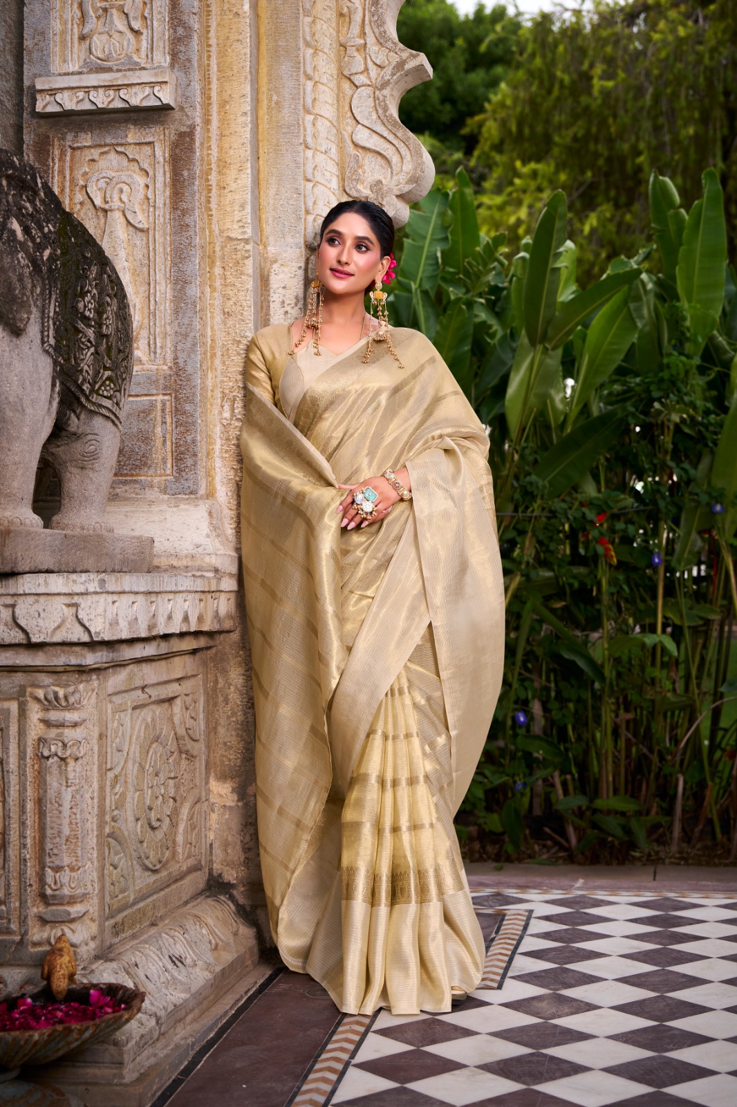 Beige Pure Banarasi Gold Tissue Silk Zari Weaved Saree