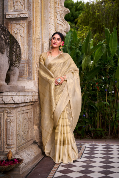 Image of Beige Pure Banarasi Gold Tissue Silk Zari Weaved Saree