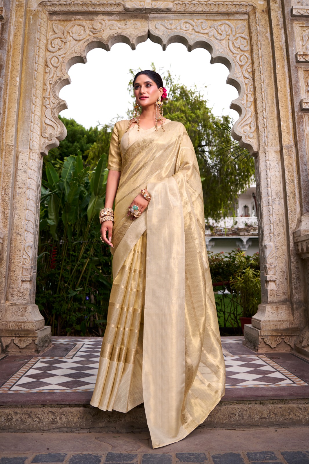 Beige Pure Banarasi Gold Tissue Silk Zari Weaved Saree