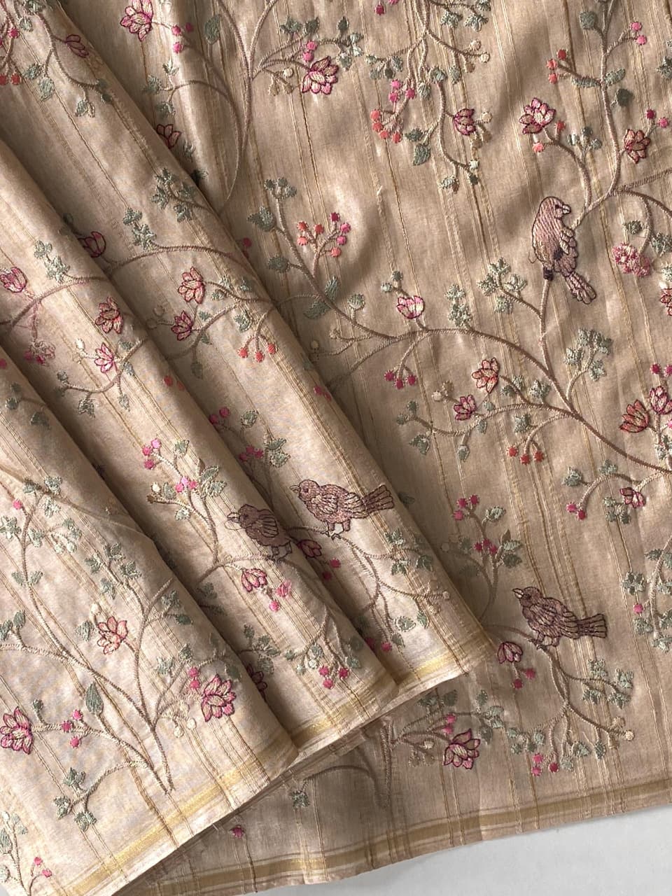 Beige Premium Pure Loom Tussar Silk Hand Embroidered Saree