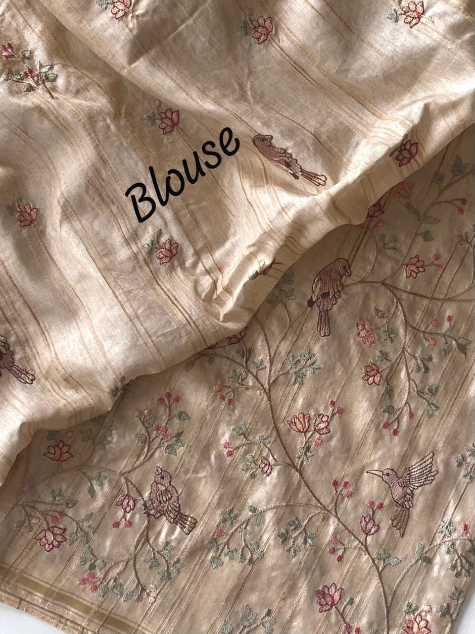 Beige Premium Pure Loom Tussar Silk Hand Embroidered Saree