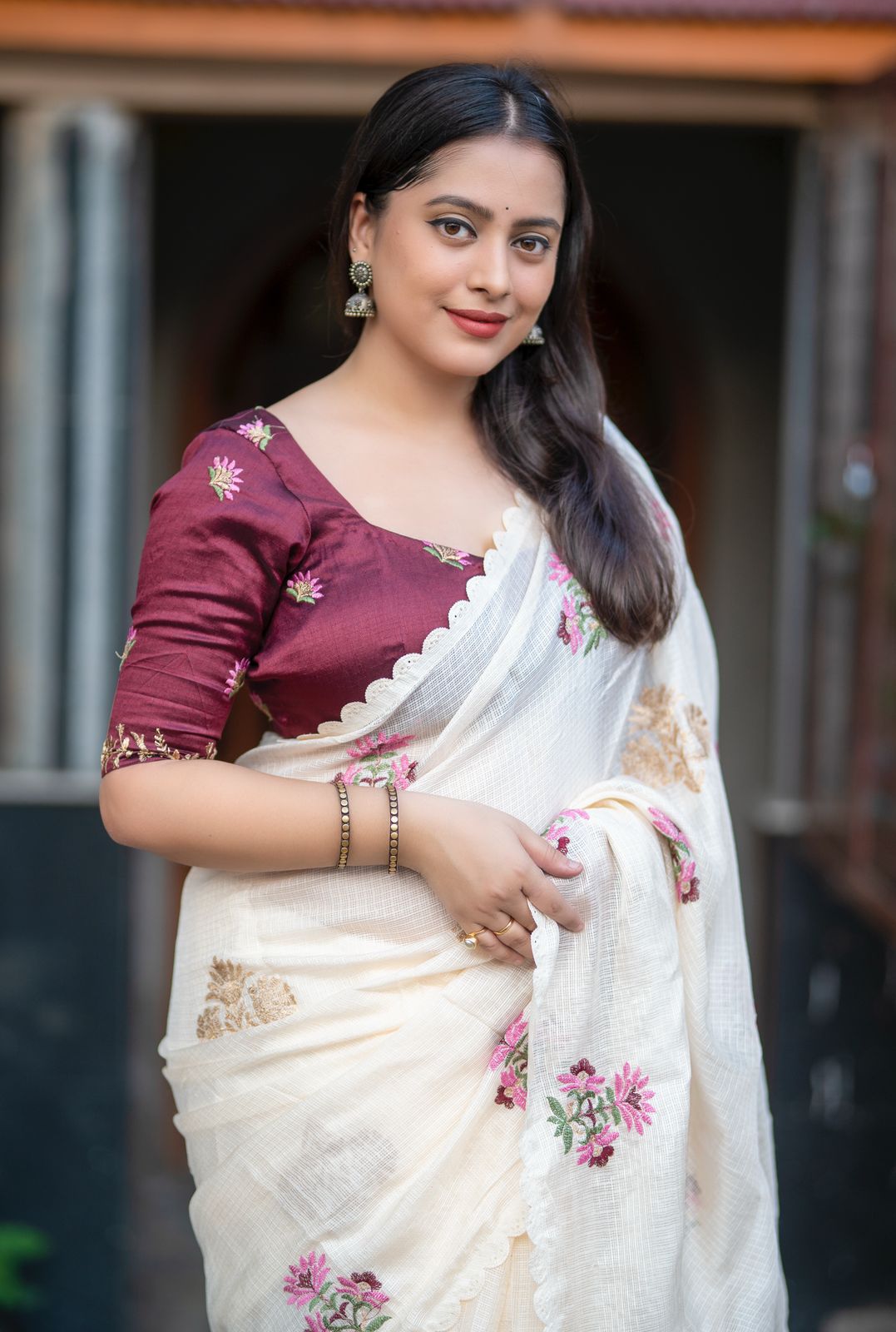 Ivory Cotton Kota Embroidery Saree