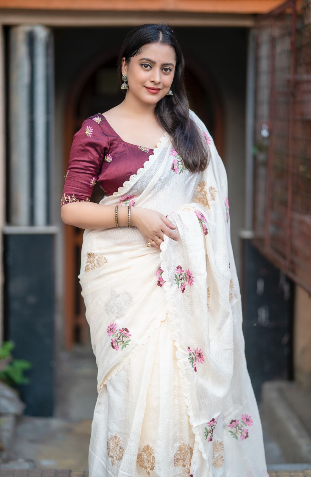 Ivory Cotton Kota Embroidery Saree