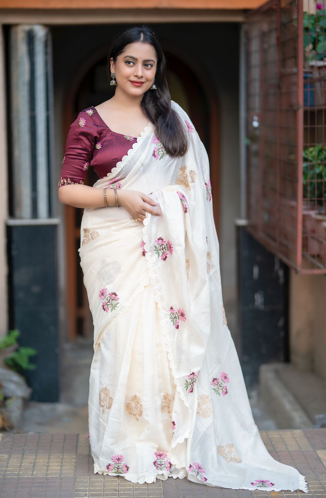 Ivory Cotton Kota Embroidery Saree