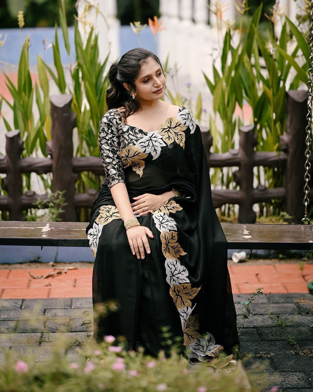 Black Premium Satin Chhifon Embroidery Saree
