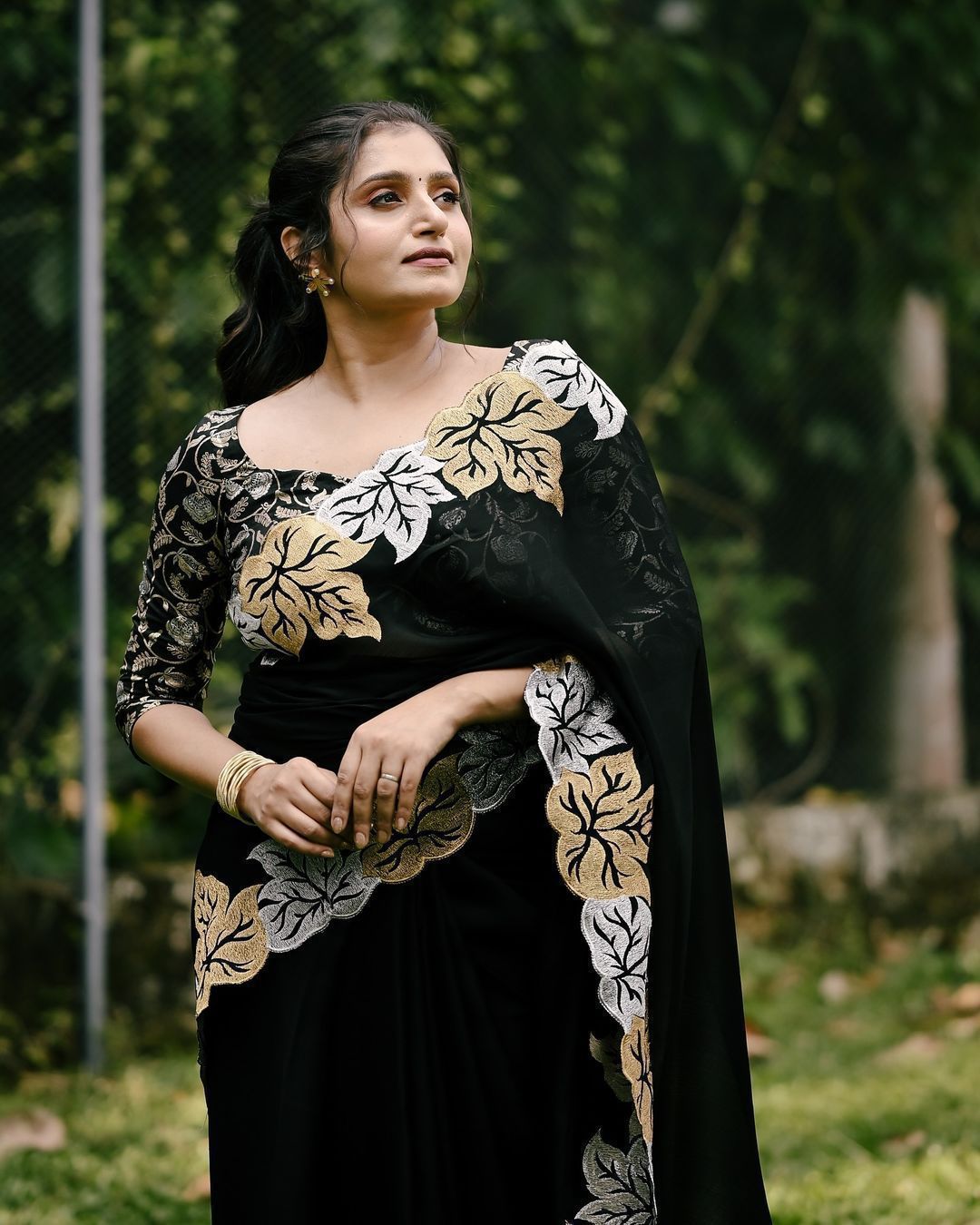 Black Premium Satin Chhifon Embroidery Saree