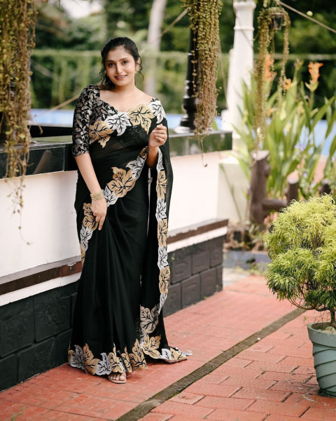 Image of Black Premium Satin Chhifon Embroidery Saree