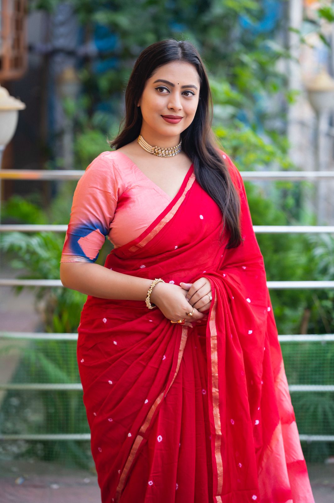 Red Pure Chanderi Cotton Tye And Dye Spray Printed Saree