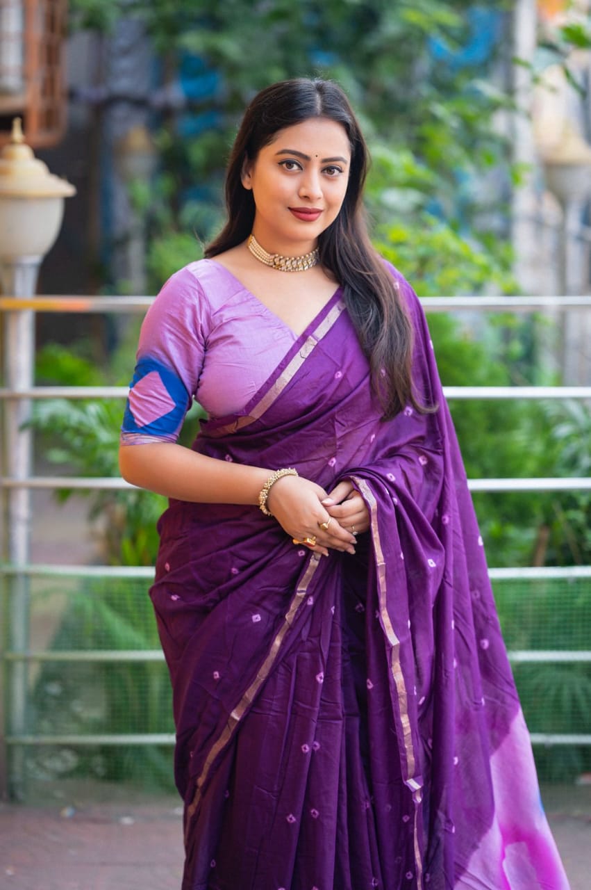 Dark Lavender Pure Chanderi Cotton Tye And Dye Spray Printed Saree