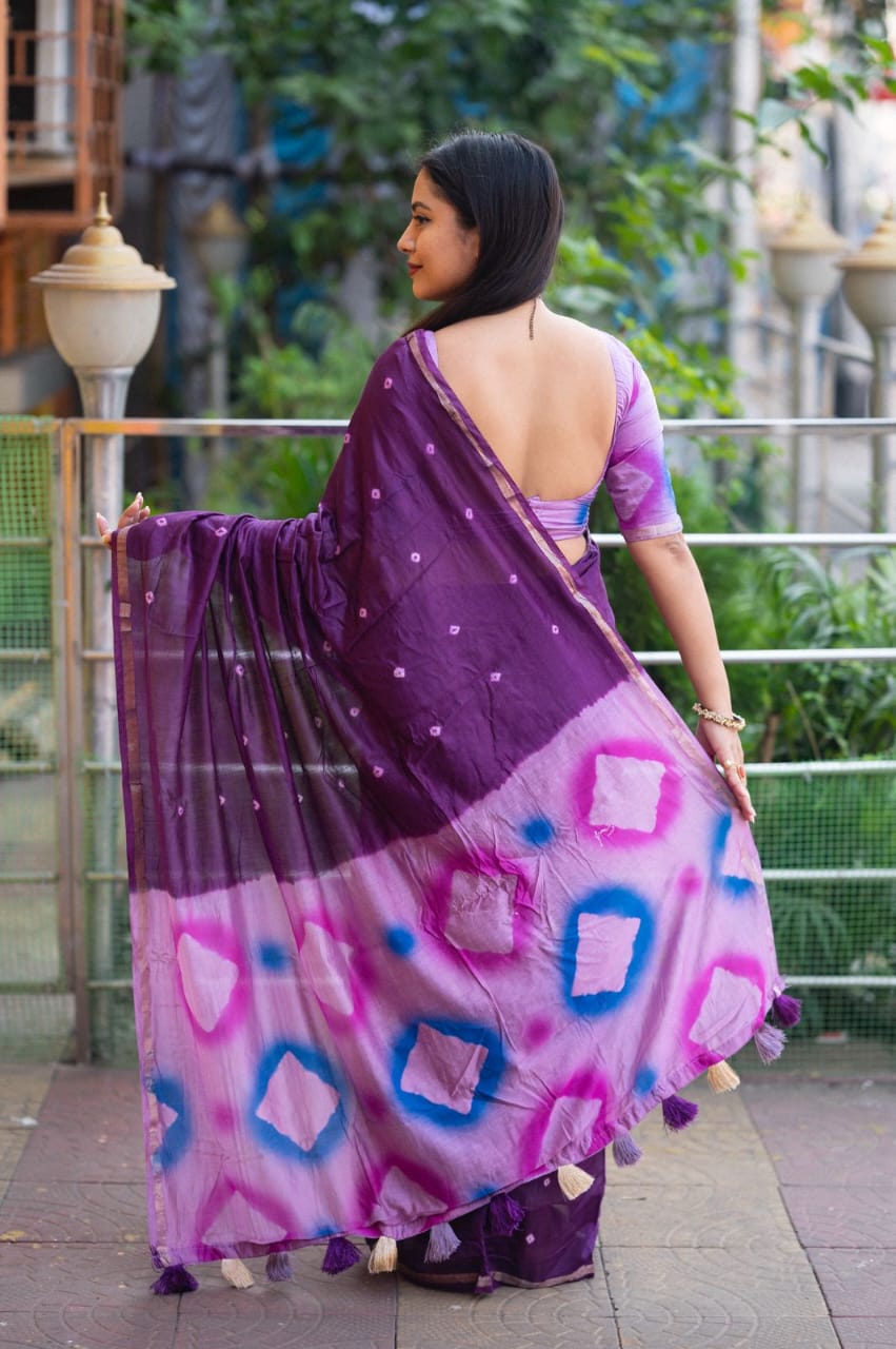 Dark Lavender Pure Chanderi Cotton Tye And Dye Spray Printed Saree