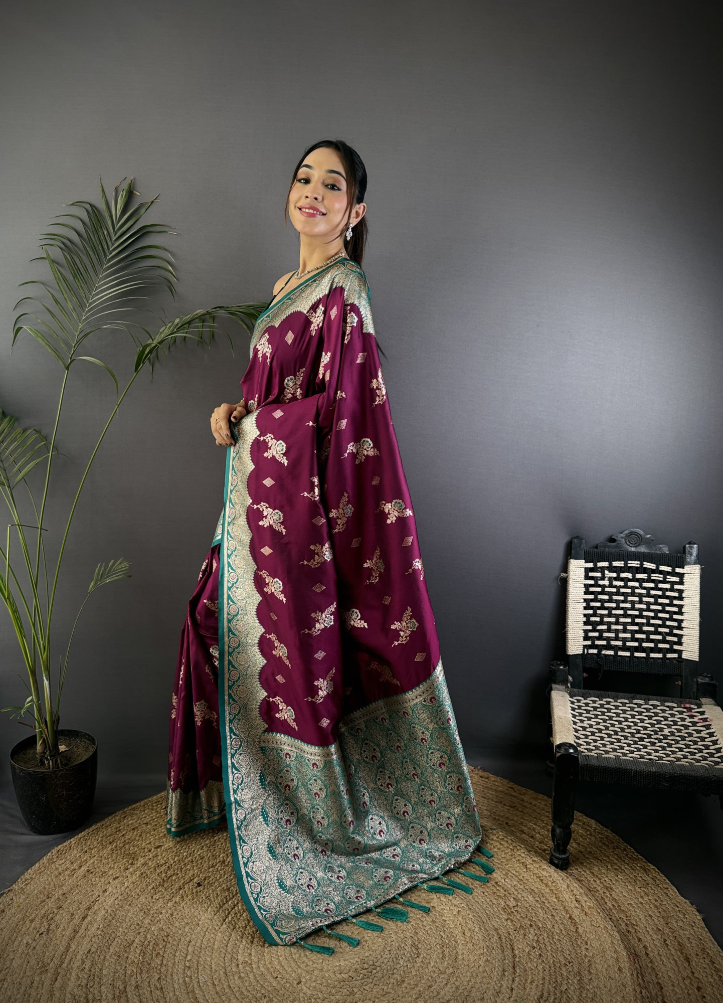 Wine Banarasi Silk Zari Meena Weaved Rich Pallu Saree